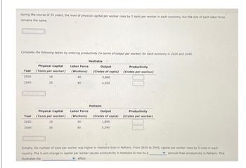 during the course of 20 years, the level of physical capital per worker rises by 5 tools per worker in each economy, but the size of each labor force
remains the same.
Bronscript
Complete the following tables by entering productivity (in terms of output per worker) for each economy in 2020 and 2040.
Physical Capital
Year (Tools per worker)
2020
18
2040
23
Year
2020
2040
Physical Capital
(Tools per worker)
15
20
Hestiatia
Labor Force
(Workers)
60
60
Labor Force
(Workers)
60
60
Output
(Crates of copia)
3,600
4,320
Pelheim
Output
(Crates of copia)
1,800
3,240
Productivity
(Crates per worker)
Productivity
(Crates per worker)
Initially, the number of tools per worker was higher in Hestiatia than in Pelheim. From 2020 to 2040, capital per worker rises by 5 units in each
country. The 5-unit change in capital per worker causes productivity in Hestiatia to rise by a
amount than productivity in Pelheim. This
illustrates the
effect.