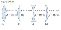 Figure E34.37
R = 10.0 cm
R = 10.0 cm R = 10.0 cm
|R = 10.0 cm
R = 15.0 cm
Flat
R = 15.0 cm
R = 15.0 cm
(a)
(b)
(c)
(d)
