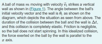 A ball of mass m moving with velocity 7₁ strikes a vertical
wall as shown in (Figure 1). The angle between the ball's
initial velocity vector and the wall is 0₁ as shown on the
diagram, which depicts the situation as seen from above. The
duration of the collision between the ball and the wall is At,
and this collision is completely elastic. Friction is negligible,
so the ball does not start spinning. In this idealized collision,
the force exerted on the ball by the wall is parallel to the
x axis.