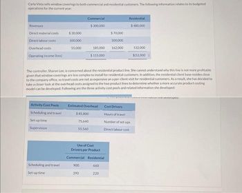 Carla Vista sells window coverings to both commercial and residential customers. The following information relates to its budgeted
operations for the current year:
Revenues
Direct material costs
Direct labour costs
Overhead costs
Operating income (loss)
Activity Cost Pools
Scheduling and travel
Set-up time
Supervision
$30,000
100,000
Scheduling and travel
Set-up time
55,000
Commercial.
$ 300,000
185,000
$115,000
The controller, Sharon Lee, is concerned about the residential product line. She cannot understand why this line is not more profitable
given that window coverings are less complex to install for residential customers. In addition, the residential client base resides close
to the company office, so travel costs are not as expensive on a per-client visit for residential customers. As a result, she has decided to
take a closer look at the overhead costs assigned to the two product lines to determine whether a more accurate product costing
model can be developed. Following are the three activity cost pools and related information she developed:
Estimated Overhead
$85,800
75,640
55,560
$70,000
300,000
162,000
Residential
$ 480,000
Use of Cost
Drivers per Product
Commercial Residential
900
660
390
220
Cost Drivers
Hours of travel
Number of set-ups
Direct labour cost
532,000
$(52,000
HARUMAH se developed