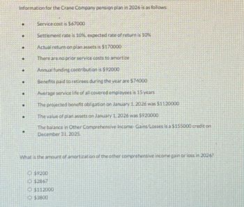 Information for the Crane Company pension plan in 2026 is as follows:
Service cost is $67000
Settlement rate is 10% expected rate of return is 10%
Actual return on plan assets is $170000
There are no prior service costs to amortize
Annual funding contribution is $92000
Benefits paid to retirees during the year are 574000
Average service life of all covered employees is 15 years
The projected benefit obligation on January 1, 2026 was $1120000
The value of plan assets on January 1 2026 was $920000
The balance in Other Comprehensive Income-Gains/Losses is a $155000 credit on
December 31,2025.
What is the amount of amortization of the other comprehensive income gain or loss in 20267
$9200
$2867
C$112000
$3800