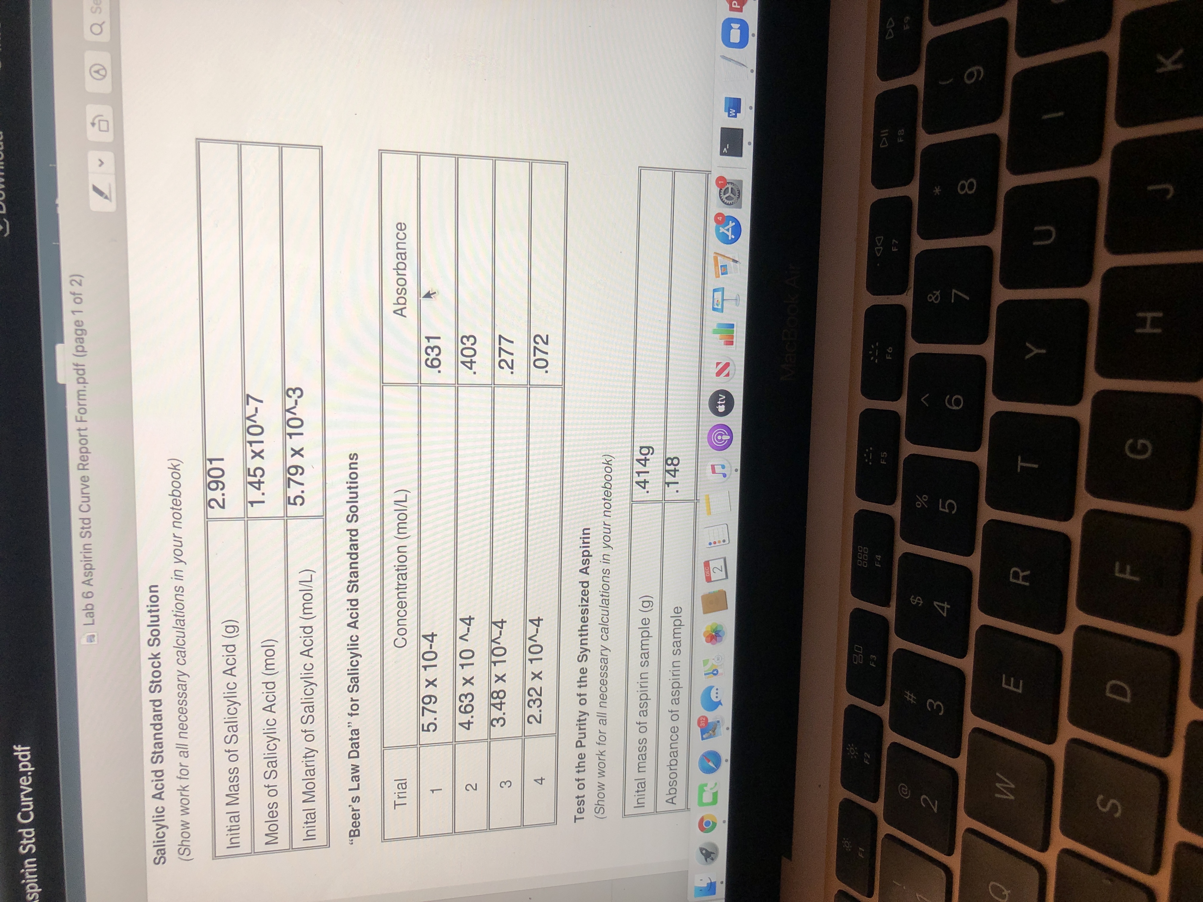 T
F.
3.
2.
spirin Std Curve.pdf
a Lab 6 Aspirin Std Curve Report Form.pdf (page 1 of 2)
Q Se
Salicylic Acid Standard Stock Solution
(Show work for all necessary calculations in your notebook)
2.901
Initial Mass of Salicylic Acid (g)
1.45 x10^-7
Moles of Salicylic Acid (mol)
5.79 x 10^-3
Inital Molarity of Salicylic Acid (mol/L)
"Beer's Law Data" for Salicylic Acid Standard Solutions
Trial
Concentration (mol/L)
Absorbance
5.79 x 10-4
.631
1.
4.63 x 10 ^-4
403
3.48 x 10A-4
.277
2.32 x 10A-4
.072
4.
Test of the Purity of the Synthesized Aspirin
(Show work for all necessary calculations in your notebook)
Inital mass of aspirin sample (g)
414g
Absorbance of aspirin sample
.148
312
2
tv
MacBook Air
000
000
F3
F4
F5
DD
F6
24
4
&
3.
8.
MI
R
G.
K
