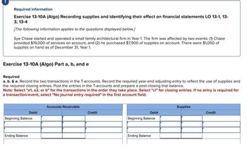 Required information
Exercise 13-10A (Algo) Recording supplies and identifying their effect on financial statements LO 13-1, 13-
3, 13-4
[The following information applies to the questions displayed below.]
Sye Chase started and operated a small family architectural firm in Year 1. The firm was affected by two events: (1) Chase
provided $19,000 of services on account, and (2) he purchased $7,900 of supplies on account. There were $1,050 of
supplies on hand as of December 31, Year 1.
Exercise 13-10A (Algo) Part a, b, and e
Required
a. b. & e. Record the two transactions in the T-accounts. Record the required year-end adjusting entry to reflect the use of supplies and
the required closing entries. Post the entries in the T-accounts and prepare a post-closing trial balance.
Note: Select "a1, a2, or b" for the transactions in the order they take place. Select "cl" for closing entries. If no entry is required for
a transaction/event, select "No journal entry required" in the first account field.
Accounts Receivable
Debit
Credit
Beginning Balance
Ending Balance
Supplies
Debit
Credit
Beginning Balance
Ending Balance