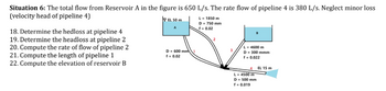 Situation 6: The total flow from Reservoir A in the figure is 650 L/s. The rate flow of pipeline 4 is 380 L/s. Neglect minor loss
(velocity head of pipeline 4)
18. Determine the hedloss at pipeline 4
19. Determine the headloss at pipeline 2
20. Compute the rate of flow of pipeline 2
21. Compute the length of pipeline 1
22. Compute the elevation of reservoir B
VEL 50 m
D = 600 mm
f = 0.02
L-1850 m
D-750 mm
f = 0.02
2
L = 4600 m
D 300 mmm
f = 0.022
4
EL 15 m
L= 4500 m
D = 500 mm
f
0.019