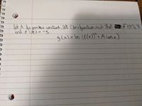 Let \( A \) be a positive constant. Let \( f \) be a function such that \( f(x) \geq 3 \) and \( f'(x) = -5 \).

\[ g(x) = \ln((f(x))^2 + A \cos x) \]