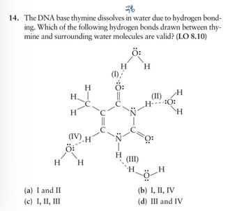 76
14. The DNA base thymine dissolves in water due to hydrogen bond-
ing. Which of the following hydrogen bonds drawn between thy-
mine and surrounding water molecules are valid? (LO 8.10)
H
H|
H
(IV) H
H
H
(I)'
(II)
H
H----:O:
H
H
H
H
(III)
H
H
(a) I and II
(c) I, II, III
(b) I, II, IV
(d) III and IV