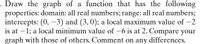 . Draw the graph of a function that has the following
properties: domain: all real numbers; range: all real numbers;
intercepts: (0, -3) and (3, 0); a local maximum value of -2
is at -1; a local minimum value of -6 is at 2. Compare your
graph with those of others. Comment on any differences.
