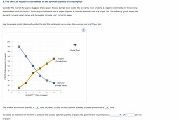 3. The effect of negative externalities on the optimal quantity of consumption
Consider the market for paper. Suppose that a paper factory dumps toxic waste into a nearby river, creating a negative externality for those living
downstream from the factory. Producing an additional ton of paper imposes a constant external cost of $70 per ton. The following graph shows the
demand (private value) curve and the supply (private cost) curve for paper.
Use the purple points (diamond symbol) to plot the social cost curve when the external cost is $70 per ton.
PRICE (Dollars per ton of paper)
200
180
160
140
120
100
80
60
40
20
0
0
1
4
5
QUANTITY (Tons of paper)
2
3
The market equilibrium quantity is
Supply
(Private Cost)
O Demand
6
(Private Value)
7
Social Cost
?
tons of paper, but the socially optimal quantity of paper production is
To create an incentive for the firm to produce the socially optimal quantity of paper, the government could impose a
of paper.
tons.
of $
per ton