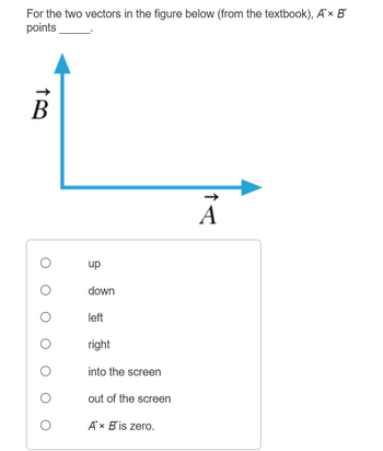 For the two vectors in the figure below (from the textbook), A× B
points
B
up
down
left
right
into the screen
out of the screen
A× B'is zero.
A