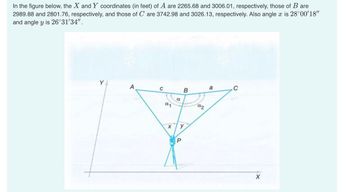 In the figure below, the X and Y coordinates (in feet) of A are 2265.68 and 3006.01, respectively, those of B are
2989.88 and 2801.76, respectively, and those of Care 3742.98 and 3026.13, respectively. Also angle x is 28°00'18"
and angle y is 26°31′34".
A
C
α1
X
α
B
y
P
NP
a
C
X