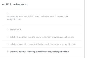 An RFLP can be created
by any mutational event that cretes or deletes a restriction enzyme
recognition site
only in RNA
only by a mutation creating a new restriction enzyme recognition site
only by a basepair change within the restriction enzyme recognition site
only by a deletion removing a restriction enzyme reognition site