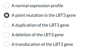 A normal expression profile
A point mutation in the LBT3 gene
A duplication of the LBT3 gene
A deletion of the LBT3 gene
A translocation of the LBT3 gene