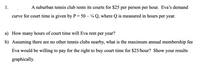 1. A suburban tennis club rents its courts for $25 per person per hour. Eva's demand curve for court time is given by \( P = 50 - \frac{1}{4} Q \), where \( Q \) is measured in hours per year.

a) How many hours of court time will Eva rent per year?

b) Assuming there are no other tennis clubs nearby, what is the maximum annual membership fee Eva would be willing to pay for the right to buy court time for $25/hour? Show your results graphically.