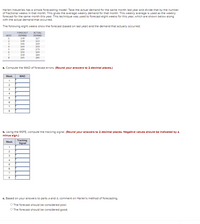 Harlen Industries has a simple forecasting model: Take the actual demand for the same month last year and divide that by the number of fractional weeks in that month. This gives the average weekly demand for that month. This weekly average is used as the weekly forecast for the same month this year. This technique was used to forecast eight weeks for this year, which are shown below along with the actual demand that occurred:

The following eight weeks show the forecast (based on last year) and the demand that actually occurred:

| Week | Forecast Demand | Actual Demand |
|------|-----------------|---------------|
| 1    | 130             | 127           |
| 2    | 138             | 123           |
| 3    | 146             | 149           |
| 4    | 144             | 159           |
| 5    | 146             | 179           |
| 6    | 156             | 169           |
| 7    | 158             | 184           |
| 8    | 145             | 205           |

a. Compute the MAD of forecast errors. (Round your answers to 2 decimal places.)

| Week | MAD  |
|------|------|
| 1    |      |
| 2    |      |
| 3    |      |
| 4    |      |
| 5    |      |
| 6    |      |
| 7    |      |
| 8    |      |

b. Using the RSFE, compute the tracking signal. (Round your answers to 2 decimal places. Negative values should be indicated by a minus sign.)

| Week | Tracking Signal |
|------|-----------------|
| 1    |                 |
| 2    |                 |
| 3    |                 |
| 4    |                 |
| 5    |                 |
| 6    |                 |
| 7    |                 |
| 8    |                 |

c. Based on your answers to parts a and b, comment on Harlen’s method of forecasting.

- The forecast should be considered poor.
- The forecast should be considered good.