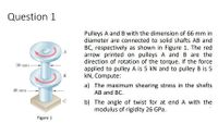 Question 1
Pulleys A and B with the dimension of 66 mm in
diameter are connected to solid shafts AB and
BC, respectively as shown in Figure 1. The red
arrow printed on pulleys A and B are the
direction of rotation of the torque. If the force
applied to pulley A is 5 kN and to pulley B is 5
kN, Compute:
30 mm
В
a) The maximum shearing stress in the shafts
АB and BC.
46 mm
b) The angle of twist for at end A with the
modulus of rigidity 26 GPa.
Figure 1
