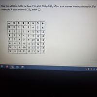 Use the addition table for base 7 to add: 5637+2467. Give your answer without the suffix. For
example, if your answer is 224, enter 22.
1
2
3 4 5
0 1
2
3 4 5
1
2
4 5 6 10
2
2
5 6 10 11
3 3 4 5 6 10 11 12
4
4 5 6 10 11 12 13
5
6.
10
11
12
13 14
6
6 10 11
12 13
14 15
Activat
Go to Ser
6
+ O1N34 5
