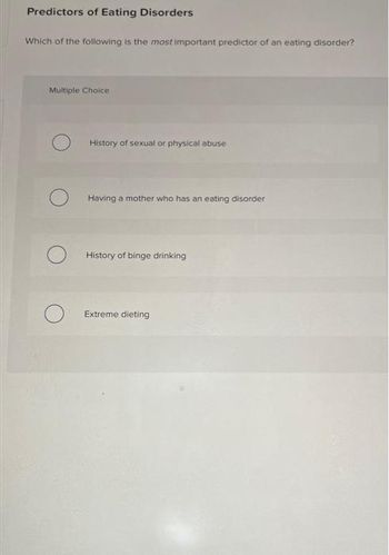 Predictors of Eating Disorders
Which of the following is the most important predictor of an eating disorder?
Multiple Choice
History of sexual or physical abuse
Having a mother who has an eating disorder
History of binge drinking
Extreme dieting