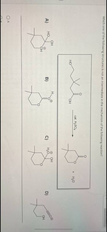 Which one of the following structures is not an intermediate in the mechanism of the following reaction?
A)
OA
HO
OH
HO
хе
cat. H₂SO4
+ H₂O
OH
OH
B)
་་
C) H₂O.
OH
D)
OH