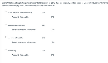 Crane Wholesale Supply Corporation recorded the return of $270 of goods originally sold on credit to Discount Industries. Using the
periodic inventory system, Crane would record this transaction as:
Sales Returns and Allowances
Accounts Receivable
Accounts Receivable
Sales Returns and Allowances
Accounts Payable
Sales Returns and Allowances
Inventory
Accounts Receivable
270
270
270
270
270
270
270
270