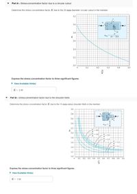 Part A - Stress-concentration factor due to a circular cutout
Determine the stress-concentration factor K due to the 20-mm-diameter circular cutout in the member.
3.2
3.0
2.8
2r
Oavg
K
(w- 2r)t
2.6
2.4
2.2
2.0
0.1
0.2
0.3
0.4
0.5
2r
Express the stress-concentration factor to three significant figures.
• View Available Hint(s)
K = 2.45
Part B - Stress-concentration factor due to the shoulder tillets
Determine the stress-concentration factor K due to the 15-mm-radius shoulder fillets in the member.
3.0
2.8
2.6
P.
Oavg
2.4
ht
2.2
=4.0
K
2.0
M,
= 3.0
2.0
1.8
1.5.
1.6
1.2-
1.1
1.4
1.2
1.0
0.1
0.2
0.3
0.4
0.5
0.6
0.7
0.8
0.9
1.0
Express the stress-concentration factor to three significant figures.
• View Available Hint(s)
K = 1.59
