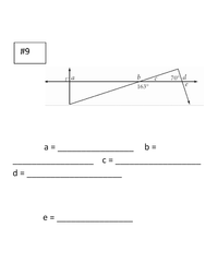 The image depicts a geometric diagram related to angles and segments with labeled parts a, b, c, d, and e. 

The diagram includes:
- A horizontal base with a right angle indicated at the segment labeled "a."
- Segment "b" follows horizontally to the right.
- Segment "c" extends at an angle from segment "b" forming an angle of 163°.
- Segment "d" extends from segment "c" creating a 70° angle.
- Segment "e" is horizontal, in line with the base angle at the end of segment "d."

Below the diagram are blanks for entering values for each labeled part:
- a = ________________
- b = ________________
- c = ________________
- d = ________________
- e = ________________

This setup is typically used to calculate unknown angles or lengths using trigonometric relationships or geometric principles.