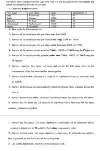 Answer the following questions then copy your code to a text document (with print screens) and
upload it on Blackboard before the due date.
A- Create this Employees table
Department_id
66
First name
salary
1500
Last name
Almahmod
Alnaser
Al badr
Saad
Saleh
10500
50
Abdullah
2000
50
Mohammad
Alabdukarem
18000
50
Almasoud
B- Then apply the following queries:
Nasser
11000
70
1- Retrieve all the employees who got salary more than 2000$
2- Retrieve all the employees who got salary in the range 2000$ to 11000$
3- Retrieve all the employees who got salary out of the range 2000$ to 11000$
4- Retrieve all the employees who got salary 2000$ , 10500$ or 17000$ using the IN operator
5- Retrieve all the employees who got salary other than 2000$ , 10500$ or 17000$ using the
IN operator
6- Retrieve employee first name, last name and display his Full name which is the
concatenation of his first name and last name together.
7- Retrieve the first name, last name and salary for all employees whose first name start with
the letter S.
8- Retrieve the first name, last name and salary for all employees whose last name include the
letter s.
9- Retrieve the first name and last name for all employees whose first name consist of 4 letters.
10- Retrieve the first name and last name for all employees whose first name OR last name
contains _ (underscore symbol).
11- Retrieve the first_name , last_name, department_id and salary for all employees who is
working in department no 50 sorted by their salary in descending order.
12- Retrieve the first_name , last_name, department_id and salary for all employees sorted by
their department_id and their salary in descending order.
13- List out the departments' numbers where employees work.
