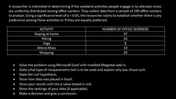 A researcher is interested in determining if the weekend activities people engage in to alleviate stress
are uniformly distributed among office workers. They collect data from a sample of 100 office workers
to analyze. Using a significance level of a = 0.05, the researcher wants to establish whether there is any
preference among these activities or if they are equally preferred.
●
●
●
●
●
●
ACTIVITY
Staying at home
Hiking
Yoga
Attend Mass
Shopping
NUMBER OF OFFICE WORKERS
37
16
8
10
29
Solve the problem using Microsoft Excel with installed Megastat add-in.
State what type of nonparametric test is to be used and explain why you chose such
State the null hypothesis.
Show how data was placed in Excel.
Show your results with the p-value boxed in red.
Show the rankings of your data (if applicable).
Make a decision and give a conclusion.