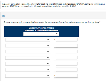 Waterway Corporation reported the following for 2025: net sales $1,227,300, cost of goods sold $734,700, selling and administrative
expenses $332,700, and an unrealized holding gain on available-for-sale debt securities $16,800.
Prepare a statement of comprehensive income using the one statement format. (Ignore income taxes and earnings per share)
WATERWAY CORPORATION
Statement of Comprehensive Income
MA
S