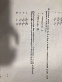 100
100
C.
40
22
100 100
D.
40
22
100 100
10. The list below shows the fraction of students in fourth and fifth grade that
joined the school choir.
Fourth grade: 10
Fifth grade:
100
Which expression has a value equal to the fraction of fourth-grade and
fifth-grade students combined that joined the school choir?
А.
Tot 24
100 100
24
7
В.
100
100
70
24
С.
100 100
70
D.
100 100
6/9
