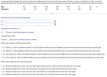 ### Analyzing Police Call Frequencies by Day of the Week

A police department released the numbers of calls for the different days of the week during the month of October, as shown in the table below. The goal is to test the claim at a 0.01 significance level that the different days of the week have the same frequencies of police calls. We will analyze the data below and identify the fundamental error with this analysis.

#### Call Frequency Table

| Day  | Frequency |
|------|-----------|
| Sun  | 160       |
| Mon  | 210       |
| Tues | 227       |
| Wed  | 246       |
| Thurs| 172       |
| Fri  | 208       |
| Sat  | 234       |

#### Hypothesis Testing

**Determine the null and alternative hypotheses:**

- \( H_0 \): 
- \( H_1 \): 

**Calculate the Chi-square test statistic, \( \chi^2 \):**

\[ \chi^2 = \] (Round to three decimal places as needed.)

**Calculate the P-value:**

\[ \text{P-value} = \] (Round to four decimal places as needed.)

**What is the conclusion for this hypothesis test?**

- **Option A**: Reject \( H_0 \). There is insufficient evidence to warrant rejection of the claim that the different days of the week have the same frequencies of police calls.
- **Option B**: Reject \( H_0 \). There is sufficient evidence to warrant rejection of the claim that the different days of the week have the same frequencies of police calls.
- **Option C**: Fail to reject \( H_0 \). There is insufficient evidence to warrant rejection of the claim that the different days of the week have the same frequencies of police calls.
- **Option D**: Fail to reject \( H_0 \). There is sufficient evidence to warrant rejection of the claim that the different days of the week have the same frequencies of police calls.

#### Identifying the Fundamental Error in the Analysis

**What is the fundamental error with this analysis?**

- **Option A**: Because October has 31 days, each day of the week occurs the same number of times as the other days of the week.
- **Option B**: Because October has 31 days, three of the days of the week occur more often than the other days of the week.
- **Option