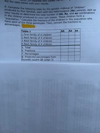 8. Complete the following table for the genetic makeup of "children"
your results to determine the total number of AA, Aa, and aa combinations
in the children produced by your coin tosses. These children form a
have each of the three genotypes. Then, convert the fractions to
out the table below with your results.
"population." Calculate the fractions of the children in this population who
produced by four families, each with two heterozygous (Aa) parents. Add up
(16 separate coin tosses
percentages.
Aa
Table 1
1.First family of 4 children
2.Next family of 4 children
3.Next family of 4 children
4.Next family of 4 children
5. Total
6. Fractions
7. Percentages
8. Predicted percentages from
Punnett square Q6 (page 3)
AA
aa
1ge
proucer le or

