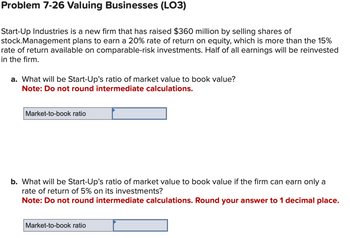 Problem 7-26 Valuing Businesses (LO3)
Start-Up Industries is a new firm that has raised $360 million by selling shares of
stock.Management plans to earn a 20% rate of return on equity, which is more than the 15%
rate of return available on comparable-risk investments. Half of all earnings will be reinvested
in the firm.
a. What will be Start-Up's ratio of market value to book value?
Note: Do not round intermediate calculations.
Market-to-book ratio
b. What will be Start-Up's ratio of market value to book value if the firm can earn only a
rate of return of 5% on its investments?
Note: Do not round intermediate calculations. Round your answer to 1 decimal place.
Market-to-book ratio