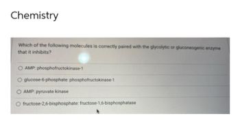 Chemistry
Which of the following molecules is correctly paired with the glycolytic or gluconeogenic enzyme
that it inhibits?
O AMP: phosphofructokinase-1
glucose-6-phosphate: phosphofructokinase-1
AMP: pyruvate kinase
O fructose-2,6-bisphosphate: fructose-1,6-bisphosphatase