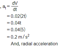 dV
dt
= 0.02(2t)
= 0.04t
= 0.04(5)
= 0.2 m/s²
And, radial acceleration
at