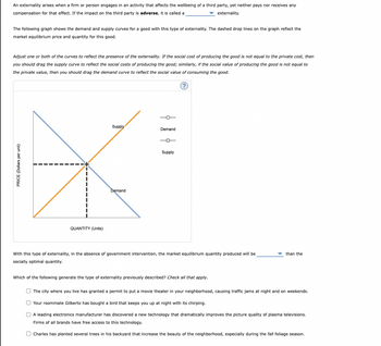 PRICE (Dollars per unit)
An externality arises when a firm or person engages in an activity that affects the wellbeing of a third party, yet neither pays nor receives any
compensation for that effect. If the impact on the third party is adverse, it is called a
externality.
The following graph shows the demand and supply curves for a good with this type of externality. The dashed drop lines on the graph reflect the
market equilibrium price and quantity for this good.
Adjust one or both of the curves to reflect the presence of the externality. If the social cost of producing the good is not equal to the private cost, then
you should drag the supply curve to reflect the social costs of producing the good; similarly, if the social value of producing the good is not equal to
the private value, then you should drag the demand curve to reflect the social value of consuming the good.
QUANTITY (Units)
Supply
Demand
Demand
Supply
With this type of externality, in the absence of government intervention, the market equilibrium quantity produced will be
socially optimal quantity.
Which of the following generate the type of externality previously described? Check all that apply.
than the
The city where you live has granted a permit to put a movie theater in your neighborhood, causing traffic jams at night and on weekends.
Your roommate Gilberto has bought a bird that keeps you up at night with its chirping.
A leading electronics manufacturer has discovered a new technology that dramatically improves the picture quality of plasma televisions.
Firms of all brands have free access to this technology.
Charles has planted several trees in his backyard that increase the beauty of the neighborhood, especially during the fall foliage season.