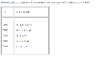 The following database has 5 transactions. Let min_sup = 60% and min_conf = 80%.
TID
Items_bought
T100
{m, o, n, k, e, y}
T200
{d, o, n, k, e, y}
T300
{m, a, k, e}
T400
{m, u, c, k, y}
T500
{c, o, k, i, e}