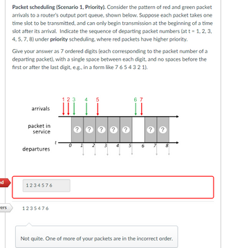 ed
ers
Packet scheduling (Scenario 1, Priority). Consider the pattern of red and green packet
arrivals to a router's output port queue, shown below. Suppose each packet takes one
time slot to be transmitted, and can only begin transmission at the beginning of a time
slot after its arrival. Indicate the sequence of departing packet numbers (at t = 1, 2, 3,
4, 5, 7, 8) under priority scheduling, where red packets have higher priority.
Give your answer as 7 ordered digits (each corresponding to the packet number of a
departing packet), with a single space between each digit, and no spaces before the
first or after the last digit, e.g., in a form like 7 6 5 4 3 2 1).
arrivals
packet in
service
departures
1234576
1235476
t
1 2 3 4 5
Į
??
0 1
? ? ?
67
??
2 3 4 5 6 7 8
Not quite. One of more of your packets are in the incorrect order.