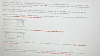 The Lopez-Portillo Company has $10 million in assets, 80 percent financed by debt and 20 percent financed by common stock. The
interest rate on the debt is 15 percent, and the stock book value is $10 per share. President Lopez-Portillo is considering two financing
plans for an expansion to $15 million in assets.
Under Plan A, the debt-to-total-assets ratio will be maintained, but new debt will cost 18 percent! New stock will be sold at $10 per
share. Under Plan B, only new common stock at $10 per share will be issued. The tax rate is 40 percent.
a. If EBIT is 15 percent on total assets, compute earnings per share (EPS) before the expansion (current) and under the two alternatives
after expansion. (Round the final answers to 2 decimal places.)
Current
Plan A
Plan B
$
$
S
Current
Plan A
Plan B
EPS
b. What is the DFL under each of the three plans? (Round the final answers to 2 decimal places.)
09
047
09
OFL
c. Using the formula provided in the chapter, calculate the EBIT/EPS indifference point between Plan A and Plan B. (Enter the answers
in dollars not in millions.)
$
EBIT
d. If shares could be sold at $20 each due to increased expectations for the firm's sales and earnings, what impact would this have on
EPS for the two expansion alternatives? Compute EPS for each. (Round the final answers to 2 decimal places.)