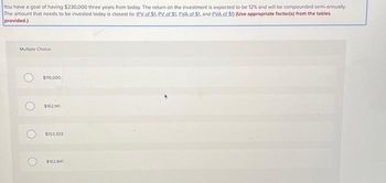 You have a goal of having $230,000 three years from today. The return on the investment is expected to be 12% and will be compounded semi-annually.
The amount that needs to be invested today is closest to: (FV of $1. PV of $1. FVA of $1, and PVA of $1) (Use appropriate factor(s) from the tables
provided.)
Multiple Choice
$115,000
$162,141
$153.333
$162,841