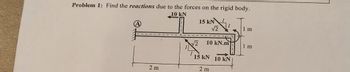 Problem 1: Find the reactions due to the forces on the rigid body.
10 KN
2 m
15 kN
√2
10 kN.m
√2
15 kN 10 KN
2 m
1 m
1 m