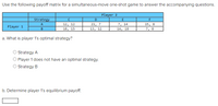 Use the following payoff matrix for a simultaneous-move one-shot game to answer the accompanying questions.
Player 2
Strategy
E
A
12, 12
21, 7
7, 14
15, 8
Player 1
18, 15
13, 12
16, 18
7, 8
a. What is player 1's optimal strategy?
Strategy A
Player 1 does not have an optimal strategy.
O Strategy B
b. Determine player 1's equilibrium payoff.
