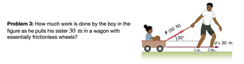 Problem 3: How much work is done by the boy in the
figure as he pulls his sister 30 m in a wagon with
essentially frictionless wheels?
F (50 N)
30°
d = 30 m