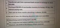 Transferred cash from a personal bank account in exchange for stock,
$50,000
Purchased $8,000 of merchandise inventory by issuing a 90 day, 10%
2
interest paying note.
3 Paid cash for three months advertising in advance, $3,000
At the end of June, the following adjustment data were assembled.
30 Advertising expired during June is $2,000
The unadjusted trial balance indicates Unearned Fees of $4,500.
30
However, only $500 of the balance remains unearned.
