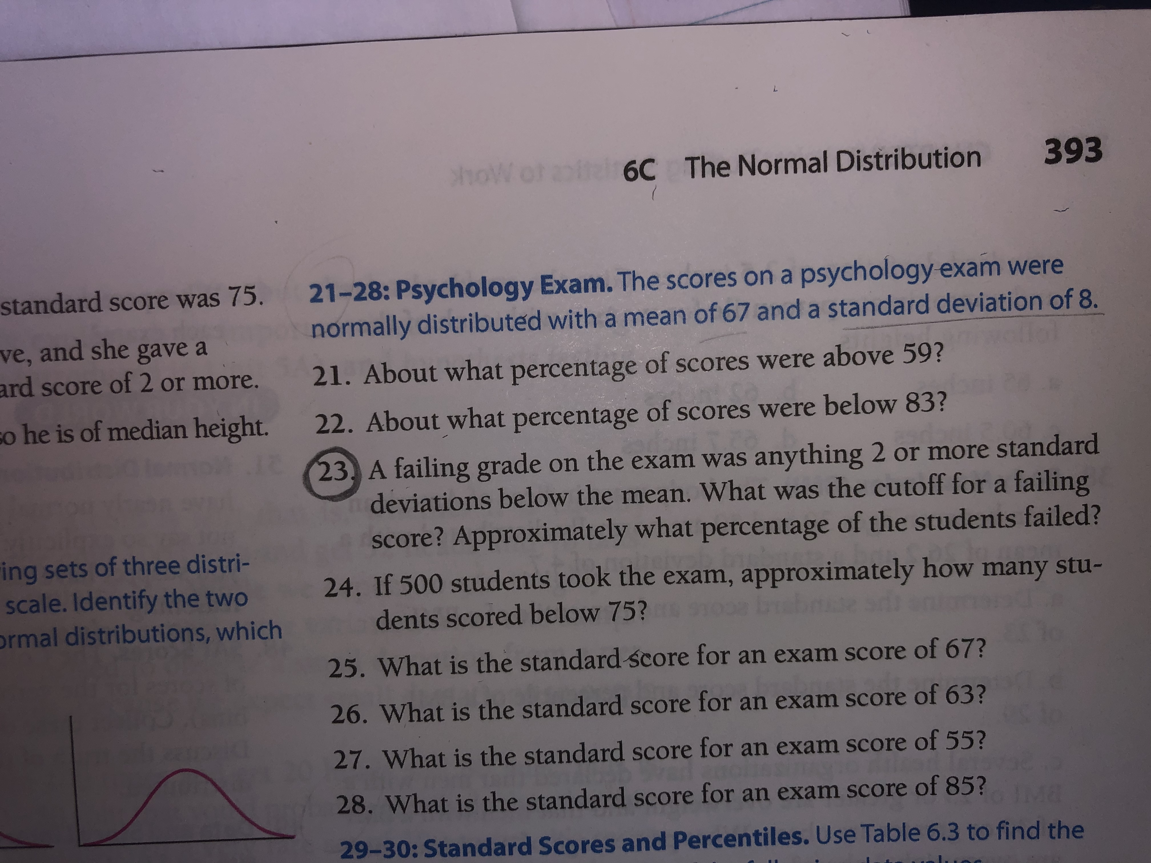 phoW ot aoitel
6C The Normal Distribution 393
standard score was 75. 21-28: Psychology Exam. The scores on a psychology exam were
normally distributed with a mean of 67 and a standard deviation of 8.
ve, and she gave a
ard score of 2 or more.
21. About what percentage of scores were above 59?
co he is of median height.
22. About what percentage of scores were below 83?
23, A failing grade on the exam was anything 2 or more standard
deviations below the mean. What was the cutoff for a failing
score? Approximately what percentage of the students failed?
ing sets of three distri-
scale. Identify the two
ormal distributions, which
24. If 500 students took the exam, approximately how many stu-
dents scored below 75?
91008 bsbr esd
25. What is the standard score for an exam score of 67?
26. What is the standard score for an exam score of 63?
27. What is the standard score for an exam score of 55?
28. What is the standard score for an exam score of 85?
IM8
29-30: Standard Scores and Percentiles. Use Table 6.3 to find the
