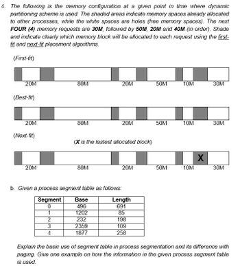 4. The following is the memory configuration at a given point in time where dynamic
partitioning scheme is used. The shaded areas indicate memory spaces already allocated
to other processes, while the white spaces are holes (free memory spaces). The next
FOUR (4) memory requests are 30M, followed by 50M, 20M and 40M (in order). Shade
and indicate clearly which memory block will be allocated to each request using the first-
fit and next-fit placement algorithms.
(First-fit)
20M
(Best-fit)
20M
(Next-fit)
20M
1
80M
2
3
4
80M
b. Given a process segment table as follows:
Segment
0
80M
(X is the lastest allocated block)
20M
Base
496
1202
232
2359
1877
20M
20M
Length
691
85
198
109
258
50M
50M
50M
10M
10M
10M
X
30M
30M
30M
Explain the basic use of segment table in process segmentation and its difference with
paging. Give one example on how the information in the given process segment table
is used.