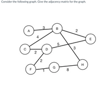 Consider the following graph. Give the adjacency matrix for the graph.
3
A
2
4
E
5
D
3
2
H
F
G
8
2.
