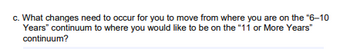 c. What changes need to occur for you to move from where you are on the "6-10
Years" continuum to where you would like to be on the "11 or More Years"
continuum?