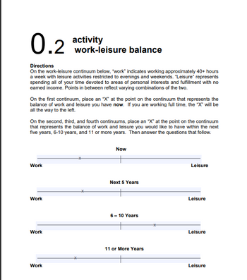 0.2
Directions
On the work-leisure continuum below, "work" indicates working approximately 40+ hours
a week with leisure activities restricted to evenings and weekends. "Leisure" represents
spending all of your time devoted to areas of personal interests and fulfillment with no
earned income. Points in between reflect varying combinations of the two.
On the first continuum, place an "X" at the point on the continuum that represents the
balance of work and leisure you have now. If you are working full time, the "X" will be
all the way to the left.
On the second, third, and fourth continuums, place an "X" at the point on the continuum
that represents the balance of work and leisure you would like to have within the next
five years, 6-10 years, and 11 or more years. Then answer the questions that follow.
Work
activity
work-leisure balance
Work
Work
Work
Now
Next 5 Years
6-10 Years
11 or More Years
Leisure
Leisure
Leisure
Leisure