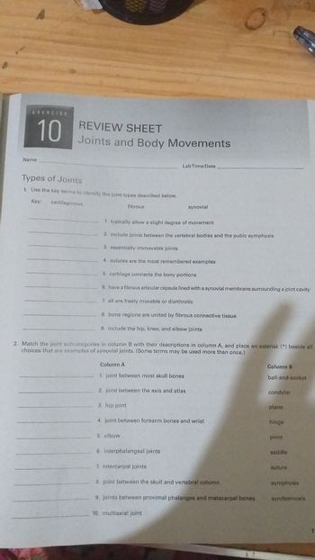 Answered: 2. Match The Joint Subcategories In… | Bartleby