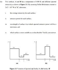 (a)
Two surfaces, A and B has a temperature of 4500 K and different spectral
emissivity as shown in Figure 3.1. By assuming Stefan Boltzmann constant is
5.67 x 10* W/m²-K', determine:
i.
the average emissivity for each surface,
emissive power for each surface,
iii.
wavelength of surface A at which spectral emissive power will be a
maximum, and
iv.
which surface is more suitable as a solar absorber? Justify your answer.
0.7
0.6
0.2
0.2
0.1
0.1
A. um
A. um
(a)
(b)
Figure 3.1 Variation of spectral; (a) Surface A, (b) Surface B
